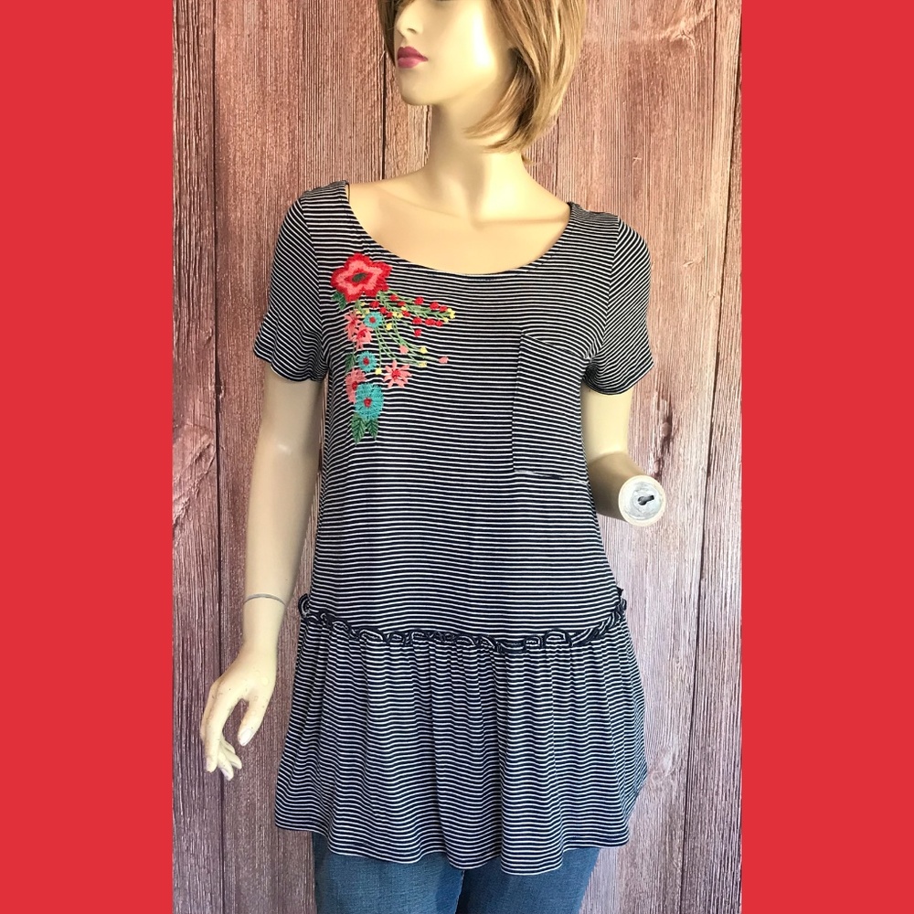 My Story Stripe Tunic Top Embroidered Small